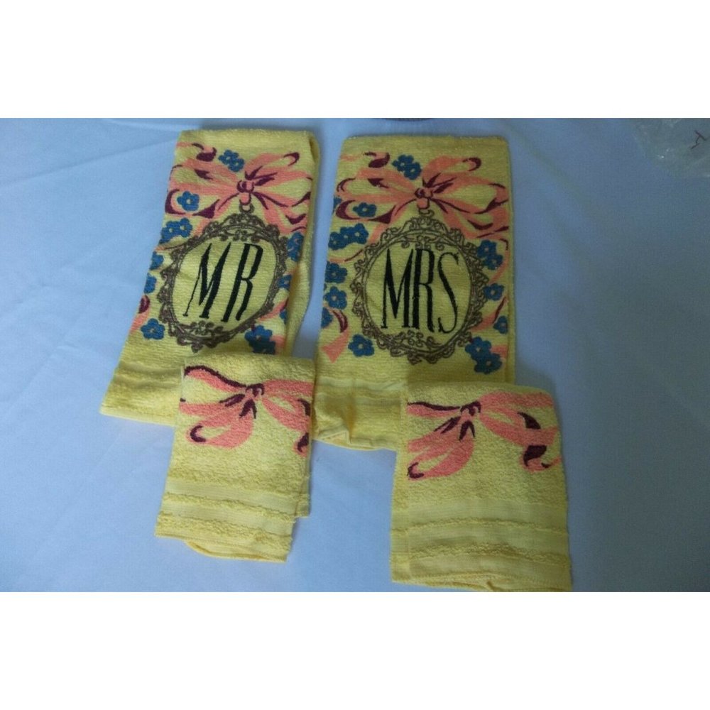 VTG MCM Dundee Towel Set Washcloths MR & MRS